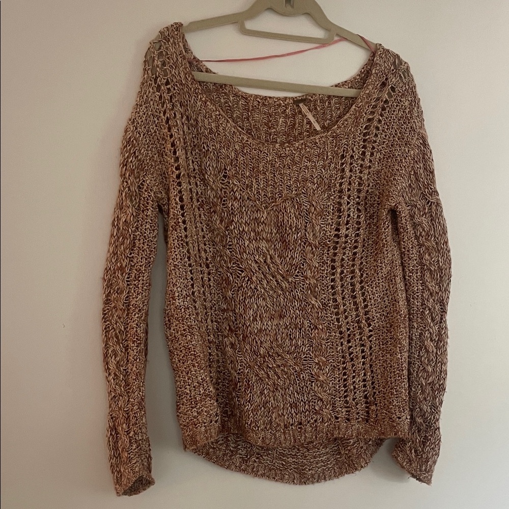 Free People Marled Cable Scoop Neck Sweater in Brown-Taupe